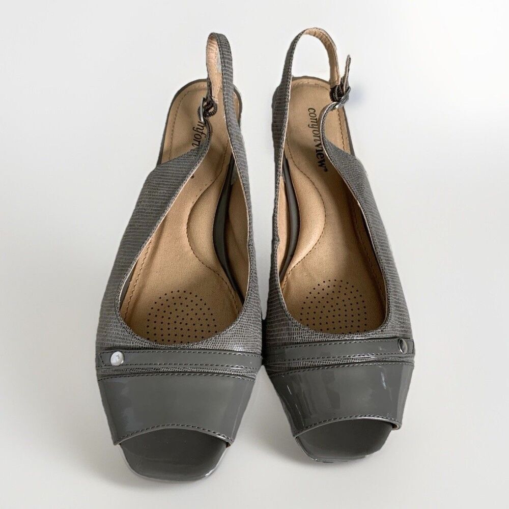 Comfort View Slingback Open Toe Heels, Size 10M Gray Snake Embossed Shoes